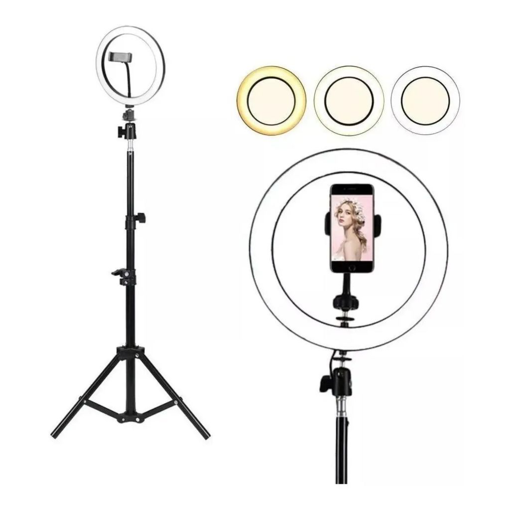 Ring Light 10 Polegadas Com Tripé 2,10m Suporte Celular E Led 3 Cores Iluminação Maquiagem E Gravações
