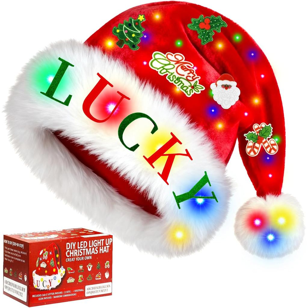 Light Up Santa Hat Led Lighted Christmas Hats for Women Men Adult with DIY Stickers Funny Xmas New Year Party