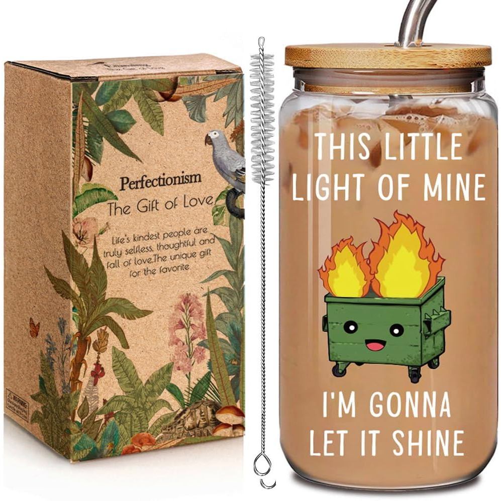 Funny Office Dumpster Fire 16oz Glass Coffee/Tea Christmas Gifts for Coworkers Friend Boss Lady - This Little Light of M