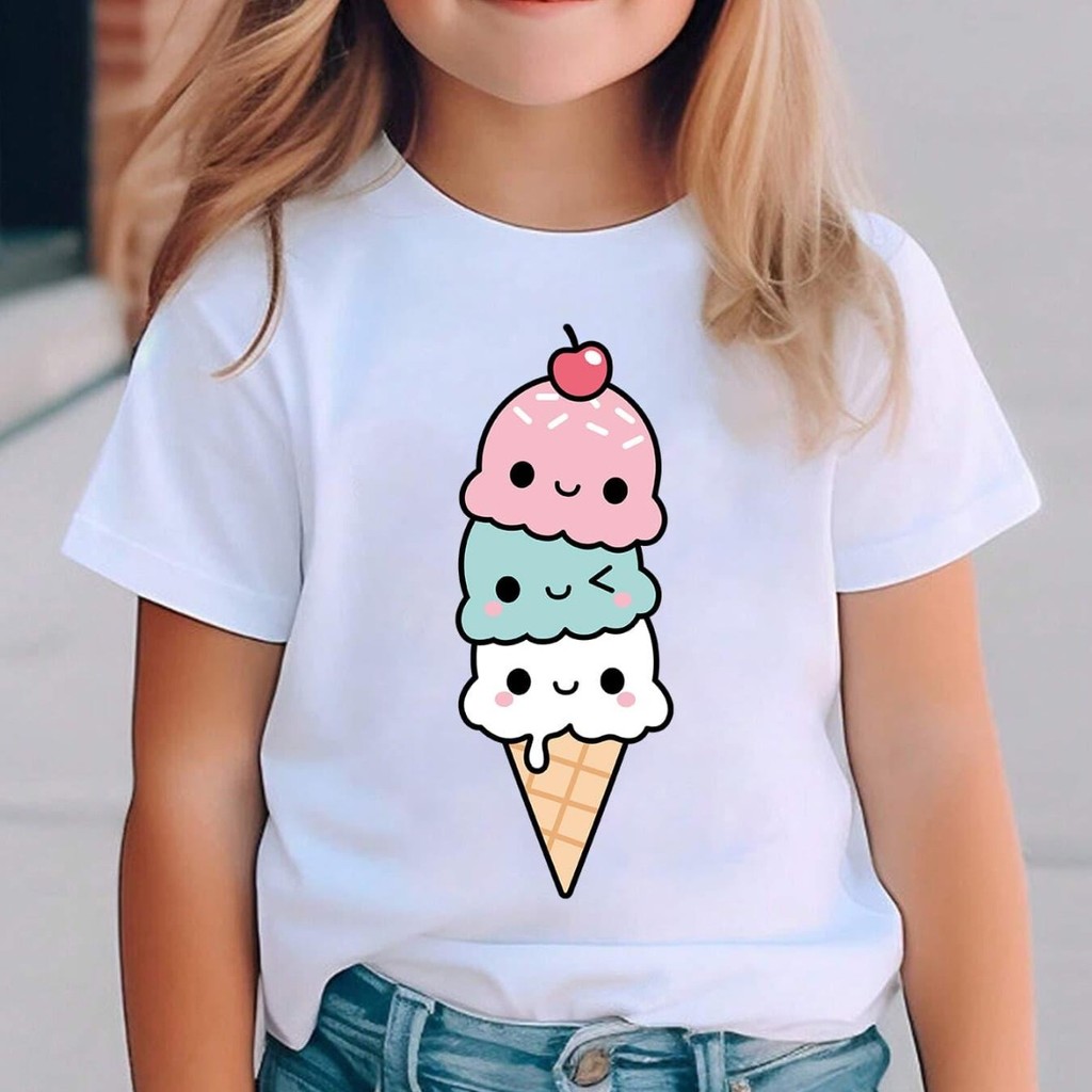 vel, perfeitT-shirt casual de verão para meninas estampado divertido de cone de gelado