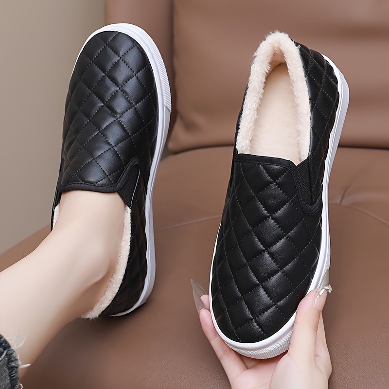 Sapatos Femininos Planos Antiderrapantes com Sola Macia em Couro Sintético, Forrados com Lã, Aquecidos, Estampados em Xa