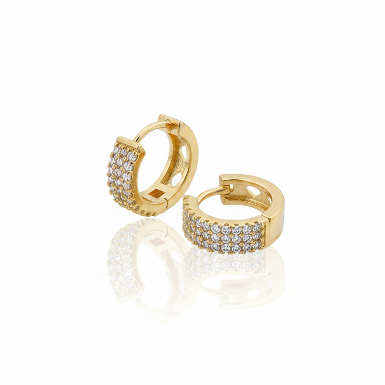 Brincos Meia Argola em Formato Redondo Cravejado Zircônia Cristal | Feminino | Banhado Ouro 18K | Antialérgico