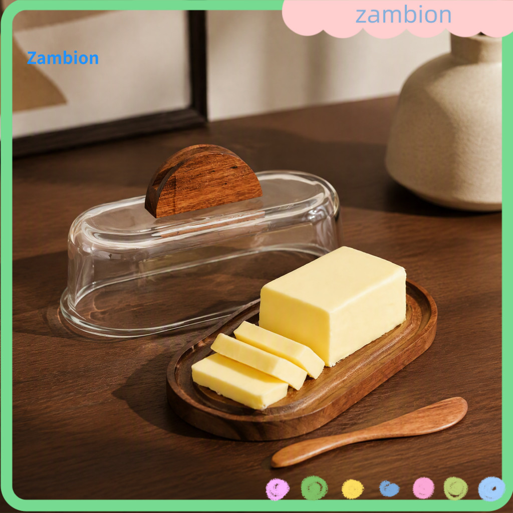 Modern Butter Case for Breakfast Dish with Lid and Knife Wooden Glass – Kitchen Countertop Refrigerator for Freshness