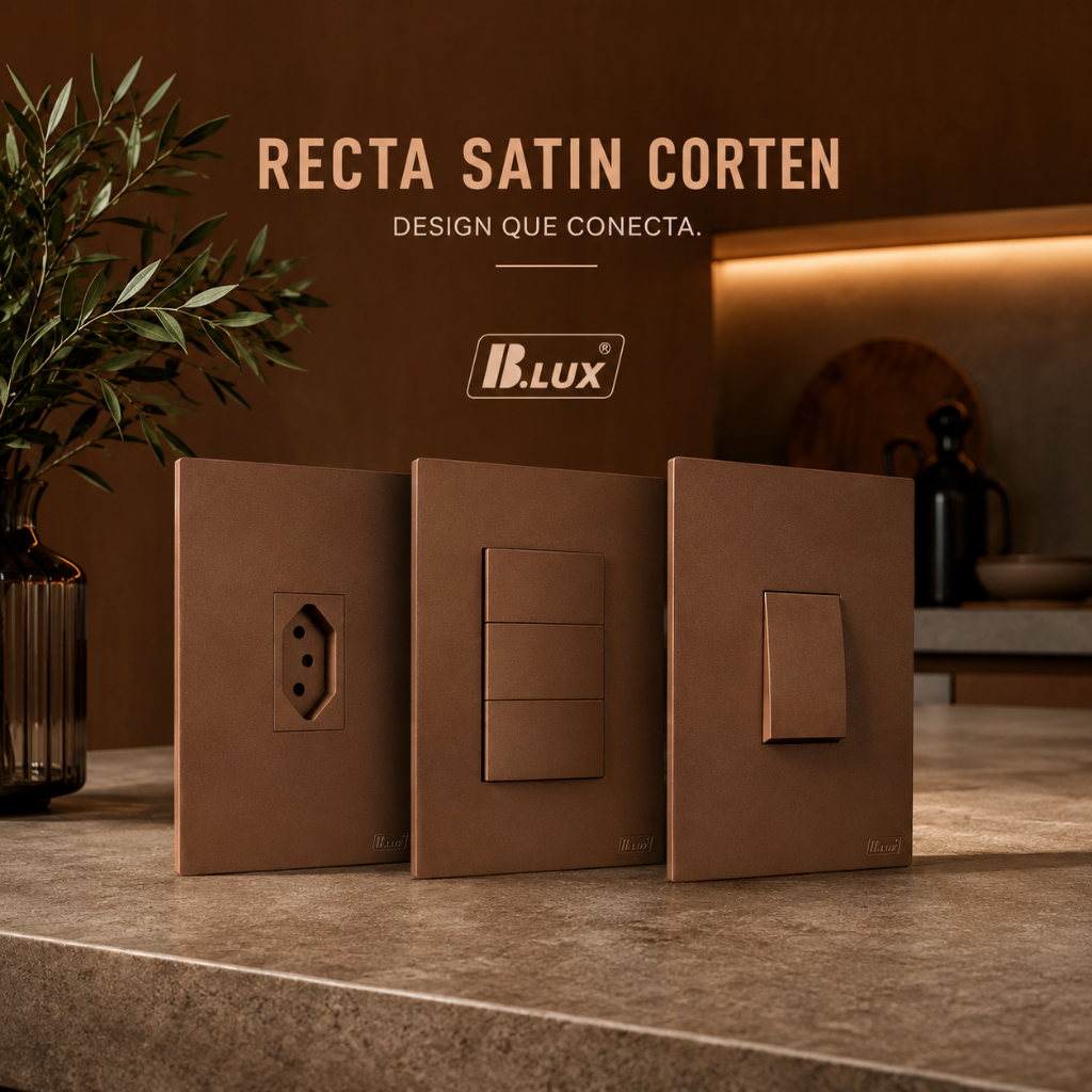 Interruptor Tomada Marrom Parede BLUX Recta Satin Corten Fosco 4x2 Design Elegante Bronze Acabamento Premium Moderno
