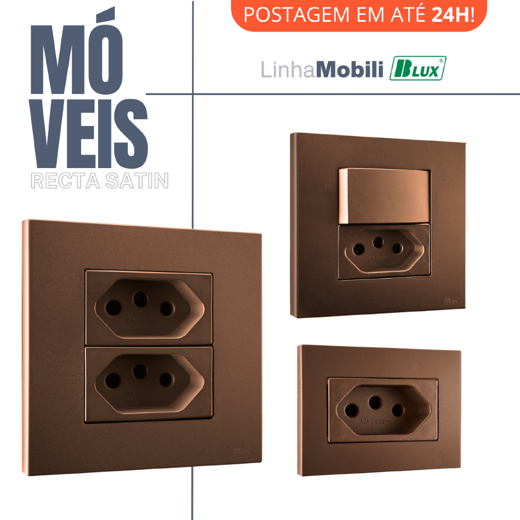 Tomada Para Moveis Marrom Corten Linha Mobili Recta Satin Blux Tomada 10a 20a Cor Bronze Cobre Interruptor Simples Paral