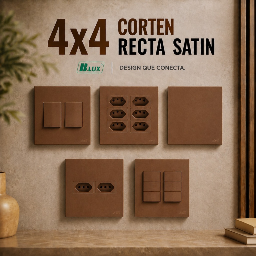Conjunto 4x4 Corten Recta Satin Bronze Tomada 10a 20a Interruptor Simples Paralelo Monte Sua Tomada Marrom 4x4 BLUX