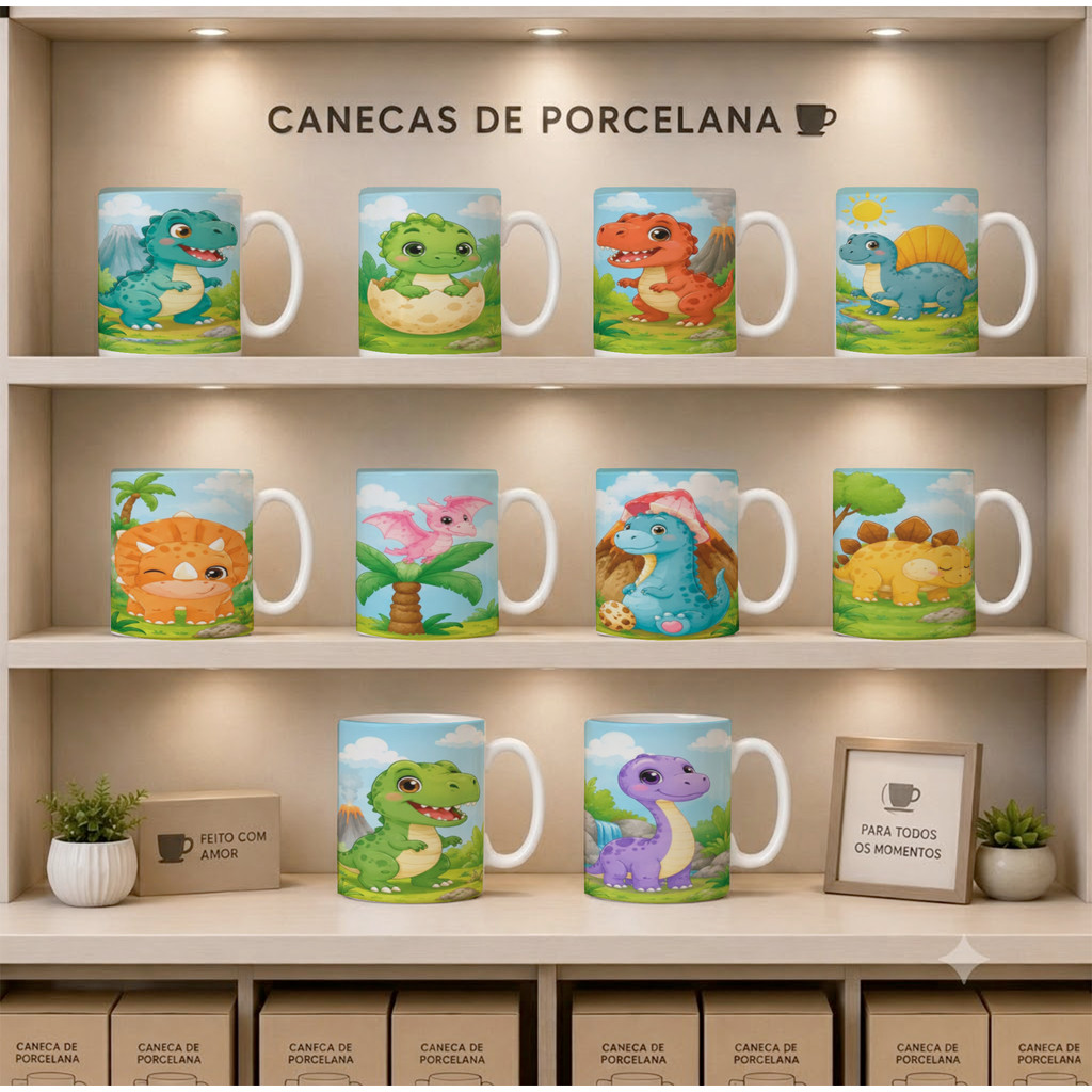 Kit Atacado 10 Canecas de Porcelana Dinossauros Kids