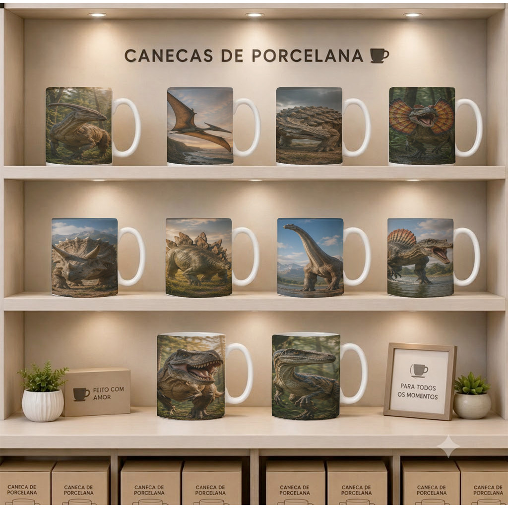 Kit 10 Canecas Porcelana Dinossauros para Revenda