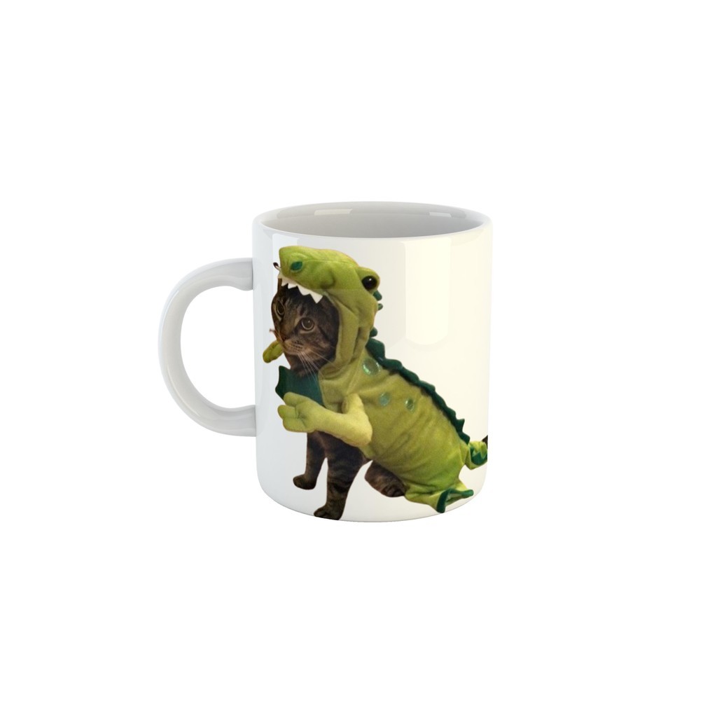 Caneca Meme Gatinho fantasia de Dinossauro