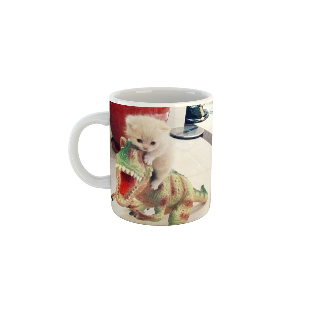 Caneca Gatinho Brincando com Dinossauro Meme