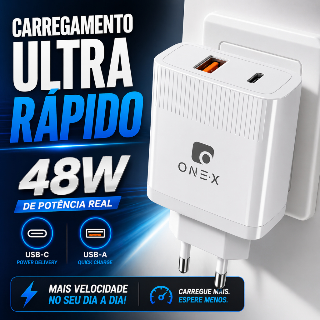 Carregador 48W USB-C Power Delivery + USB Turbo Dual Port Rápido Bivolt ONE X Branco