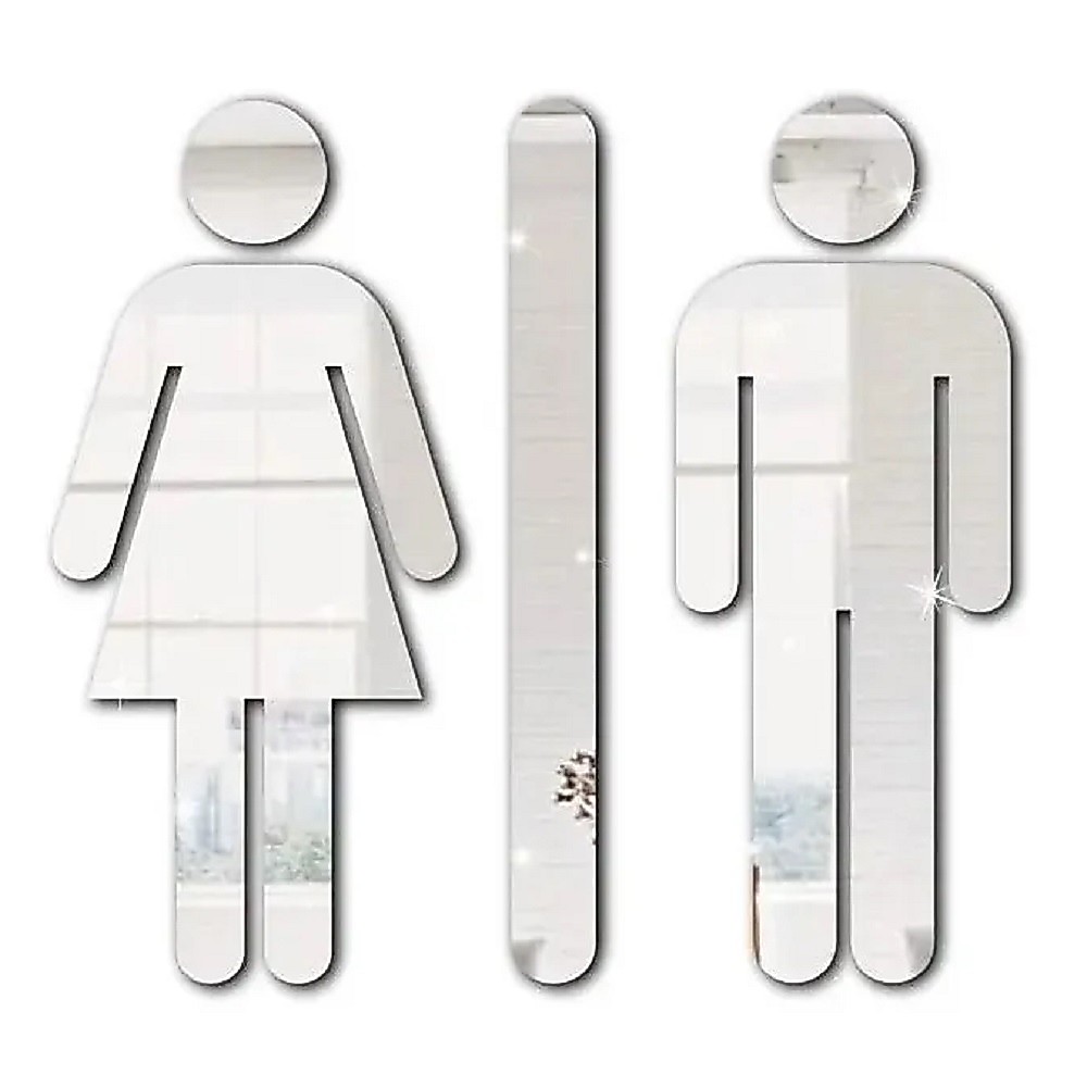 Placa Banheiro Acrílico Espelhado Homem e Mulher 17cm – Sinalização Elegante c/ Fita
