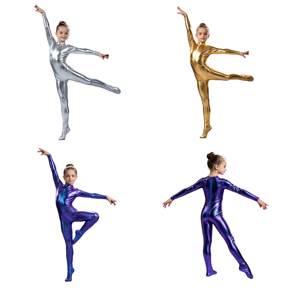 Aislor Kids Girls Metallic Unitard Footed Jumpsuit Long Sleeve Zipper Front Shiny Bodysuit for Stage Performance