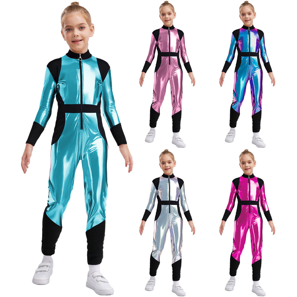 inhzoy Kids Long Sleeves High Waist Shiny Metallic Zipper Jumpsuit Halloween Alien Cosplay Costume Athletic Bodysuit