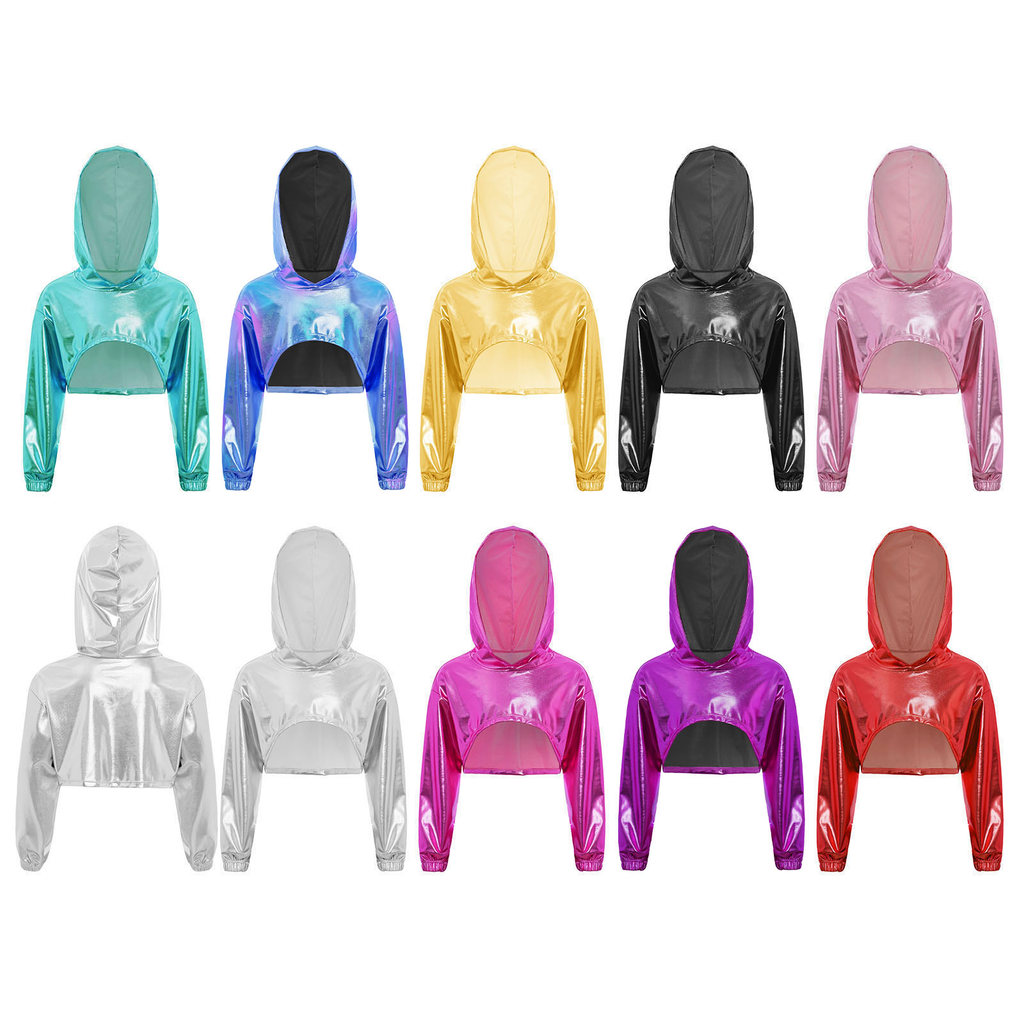 inhzoy Kids Girls Hip-Hop Jazz Dance Performance Costume Asymmetrical Hem Metallic Hoodie Long Sleeve Cropped Hooded Top