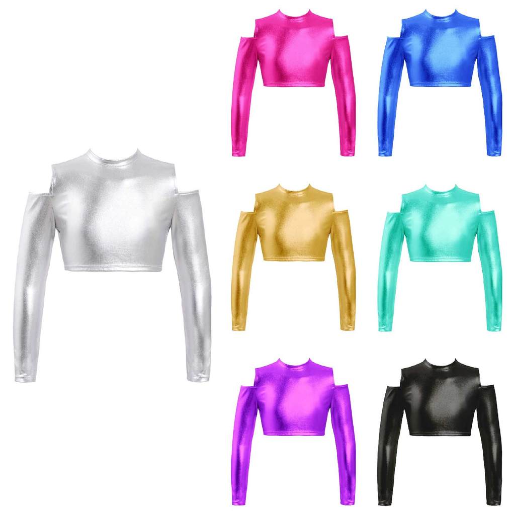 inhzoy Kids Girls Long Sleeves Off Shoulder Round Neck Glossy Metallic Tops Crop Top for Dancing Stage Performance