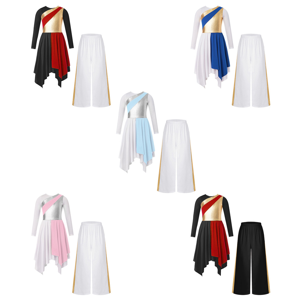 inhzoy Kids Girls Praise Lyrical Dance Costume Long Sleeve Metallic Contrast Asymmetrical Hem Dress with Wide-Leg Pants