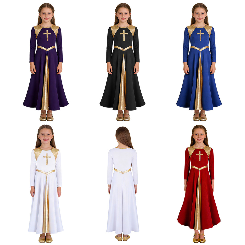 inhzoy Kids Girls Metallic Shiny Contrast Color Cross Pattern Dance Dress Long Sleeve Round Neck Church Party Dresses