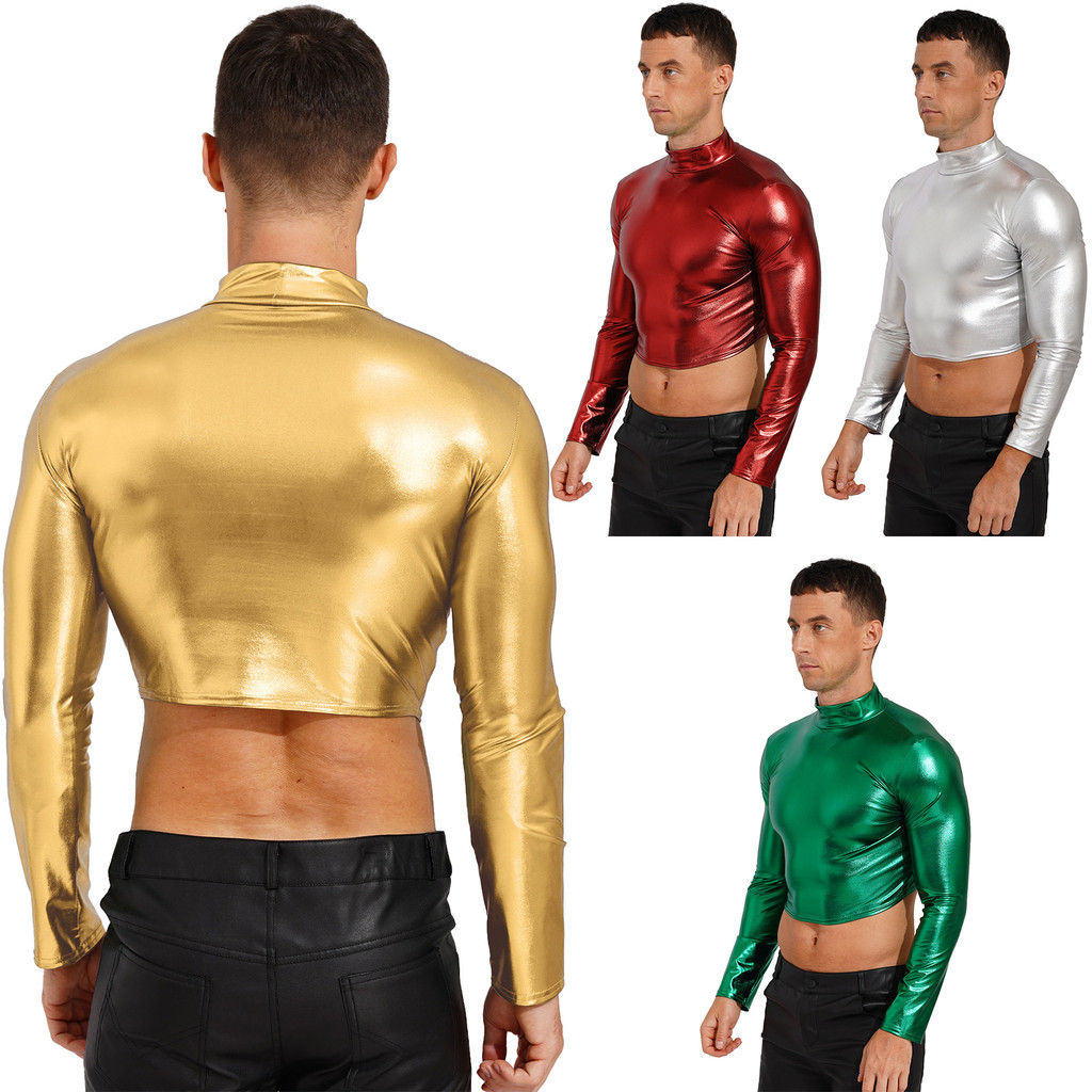 inhzoy Mens Metallic Shiny Long Sleeve Crop Top Fashion Glossy Solid Color Mock Neck T-shirt Club Stage Costume