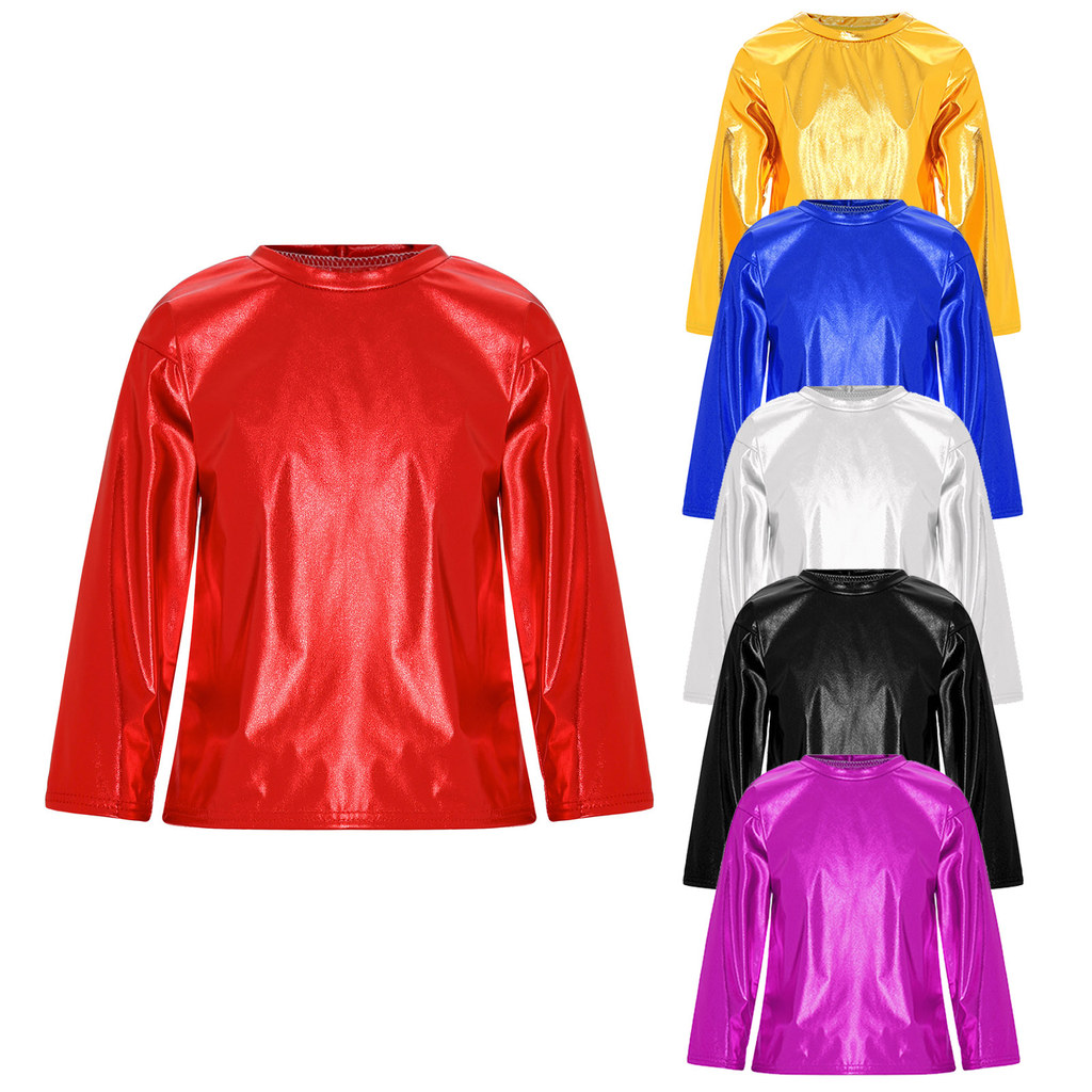 inhzoy Kids Girls Boys Jazz Dance Stage Performance Tops Metallic Shiny Long Sleeve Round Neck T-shirt
