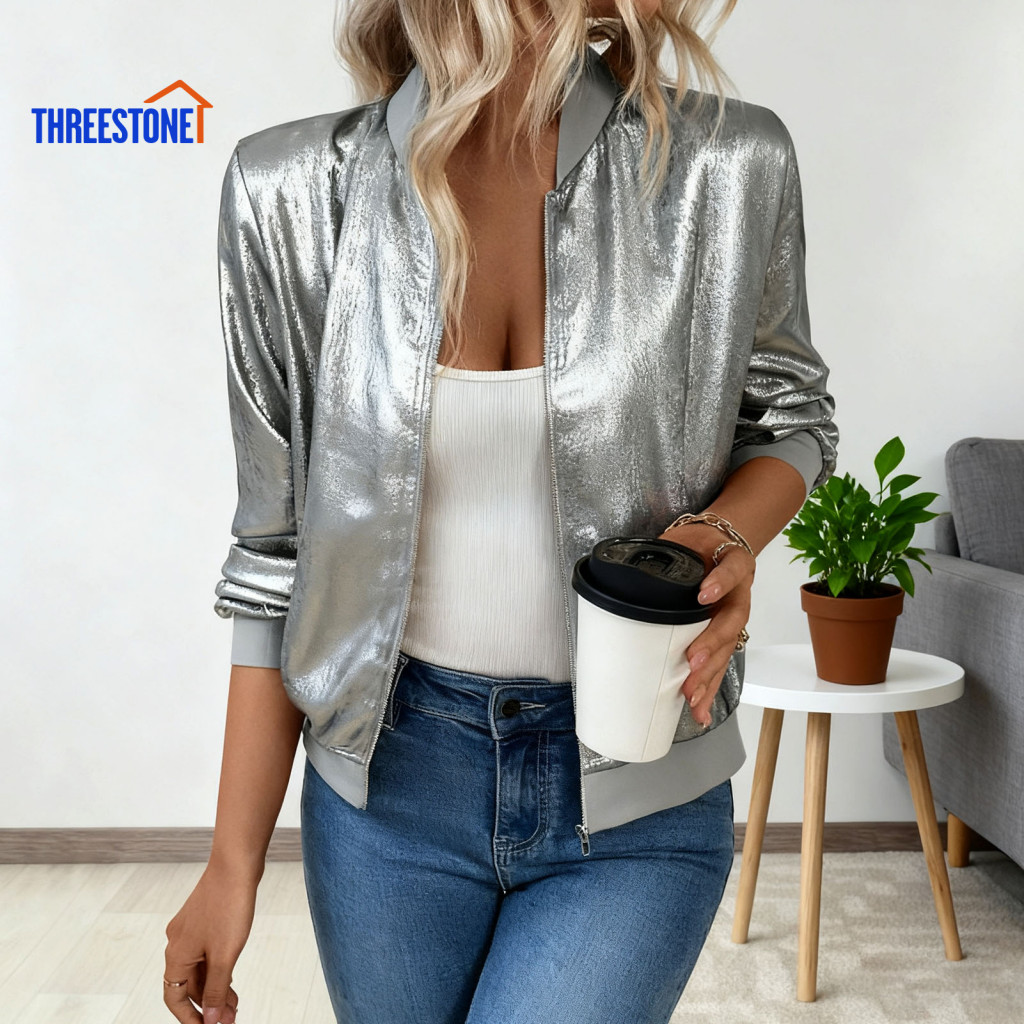 Sequin Blazer Women Jacket Women’s Cropped Lightweight Shiny Metallic Zipper Coat Long Sleeve Glitter Party Disco Top