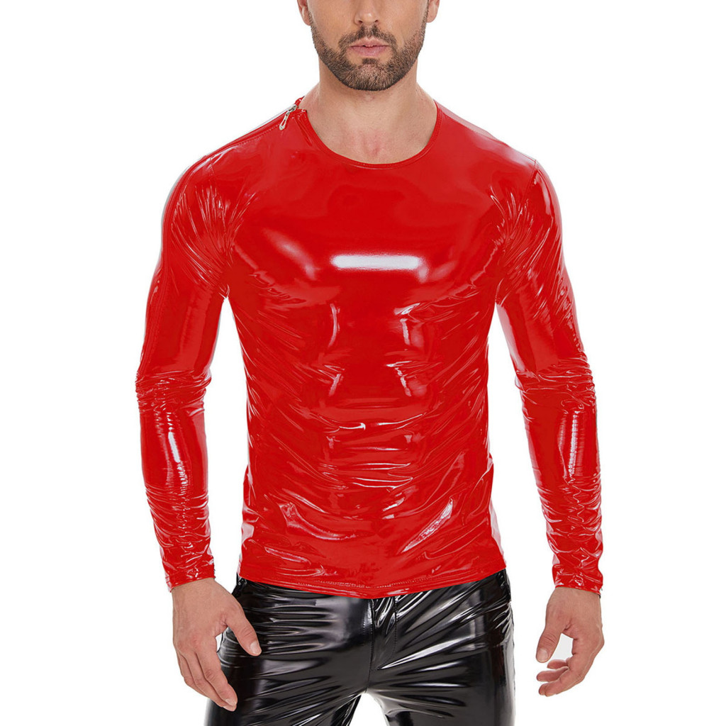 Casual Men Top with Shoulder Zipper Men's Metallic Shiny Faux Leather Long Sleeve Slim Fit Tee – Hip Hop Nightclub Par