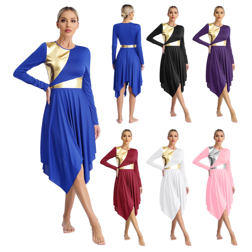 inhzoy Womens Metallic Color Block Liturgical Dance Dress Long Sleeve Irregular Hem Dresses Church Worship Dancewear