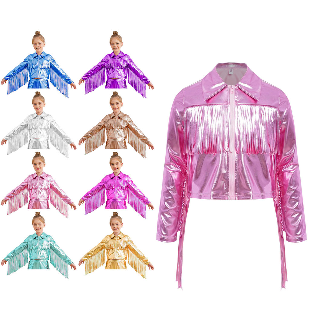 inhzoy Kids Girls Tassels Metallic Tops Turn-Down Collar Long Sleeve Zipper Fringe Shiny Jacket for Dance Birthday Party