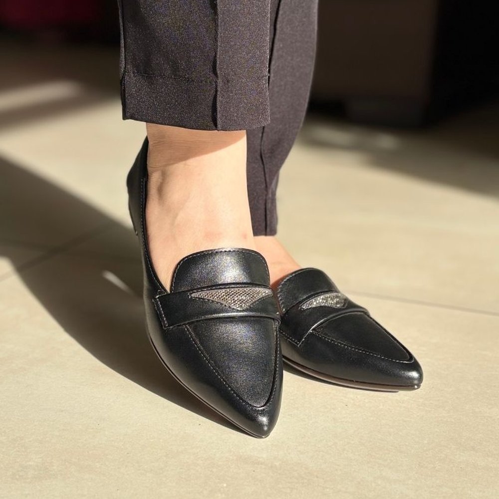 Sapatilha Preto Strass Metal Bico Fino Ligthgel Conforto Flexível Moderna Casual Elegante Feminina