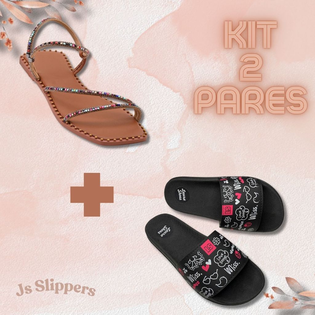 Kit 2 Pares – Rasteira Strass + Slide Casual | Conforto e Estilo Premium!
