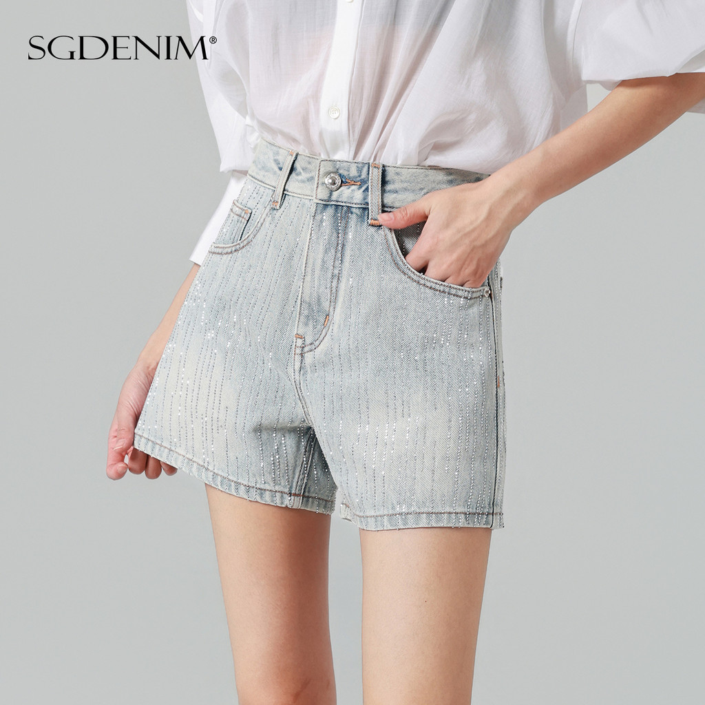High-waisted denim shorts for women with starry embellishments, upgraded with sparkling rhinestones, new summer style, s