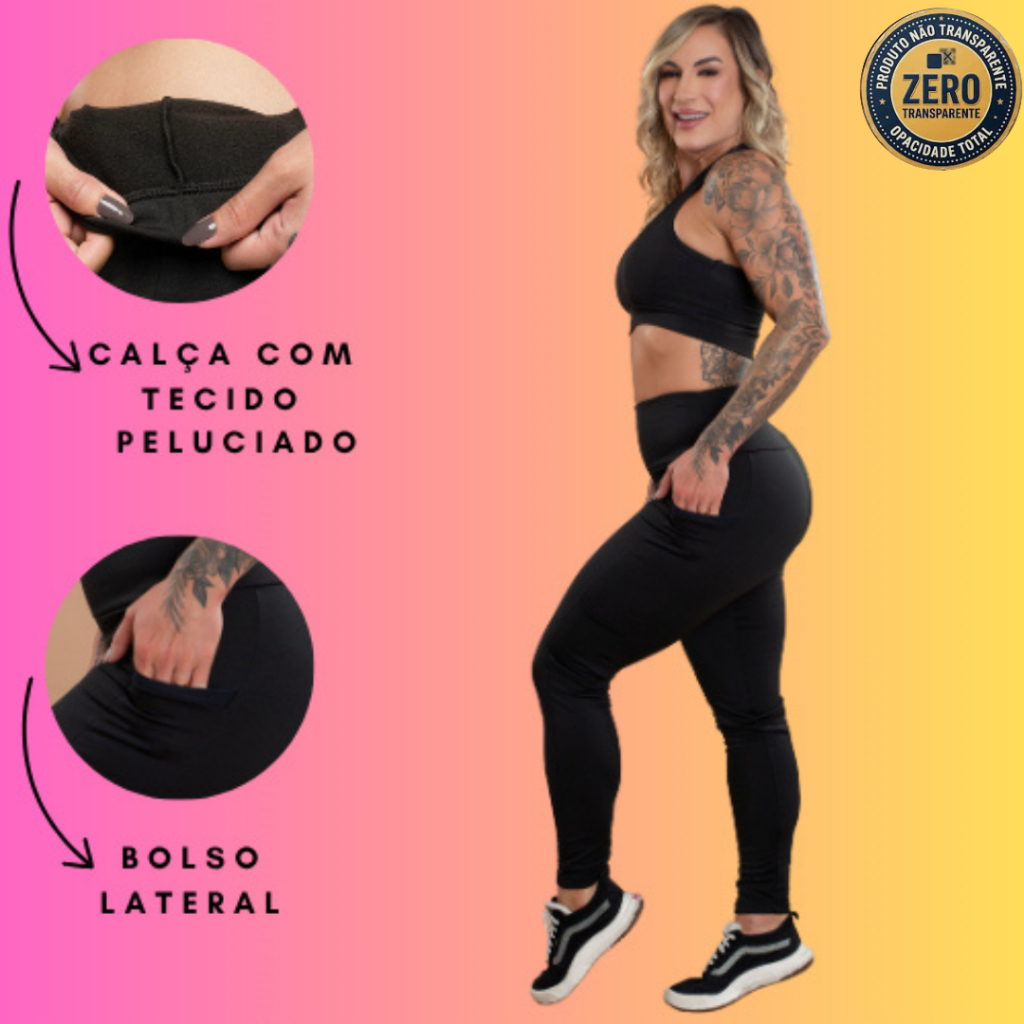 Conjunto Fitness Feminino Calça Peluciada Flanelada Térmica Com Bolso E Top Nadador Liso Academia ZERO TRANSPARÊNCIA