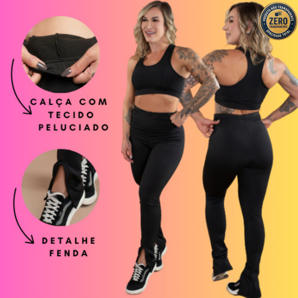 Conjunto Fitness Feminino Calça Térmica Cintura Alta Peluciada Flanelada E Top Nadador Liso Academia ZERO TRANSPARÊNCIA