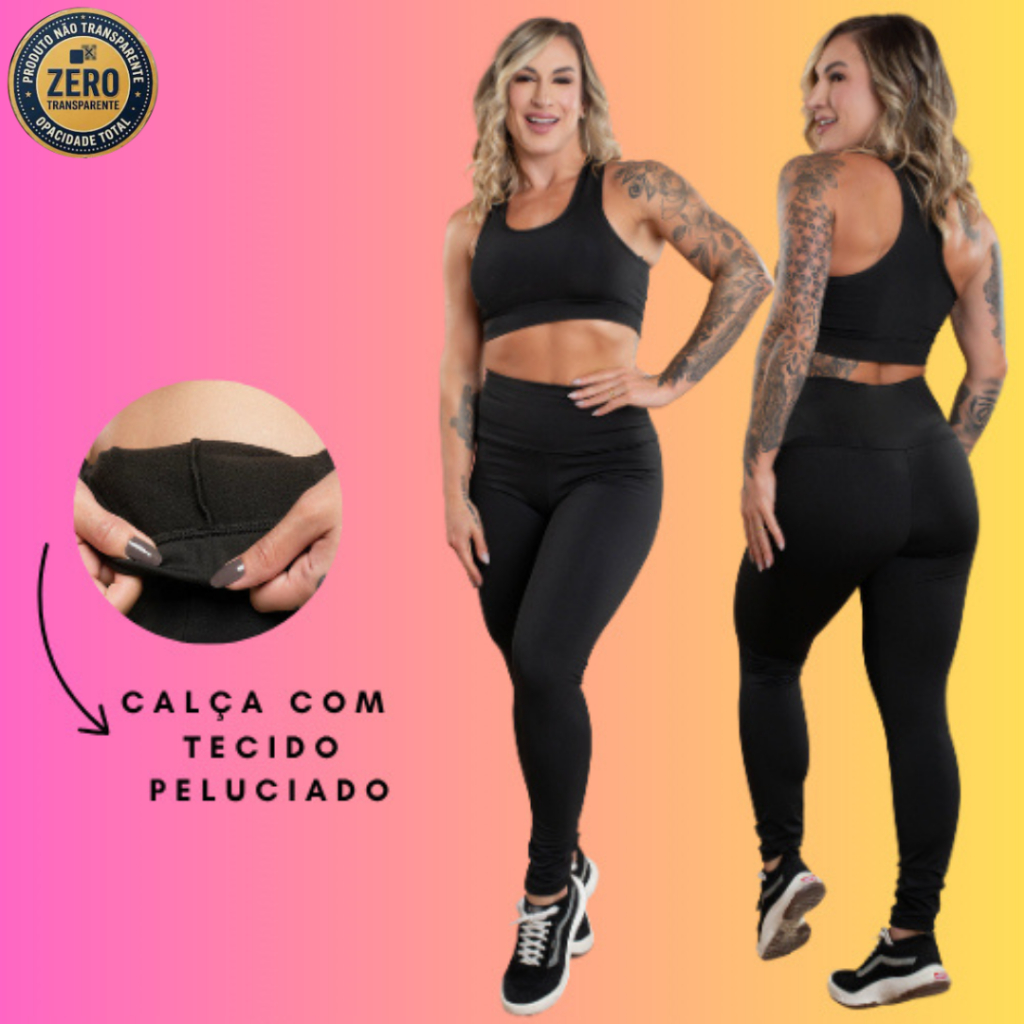 Conjunto Fitness Feminino Calça Peluciada Cintura Alta Térmica Flanelada E Top Nadador Liso Academia ZERO TRANSPARÊNCIA