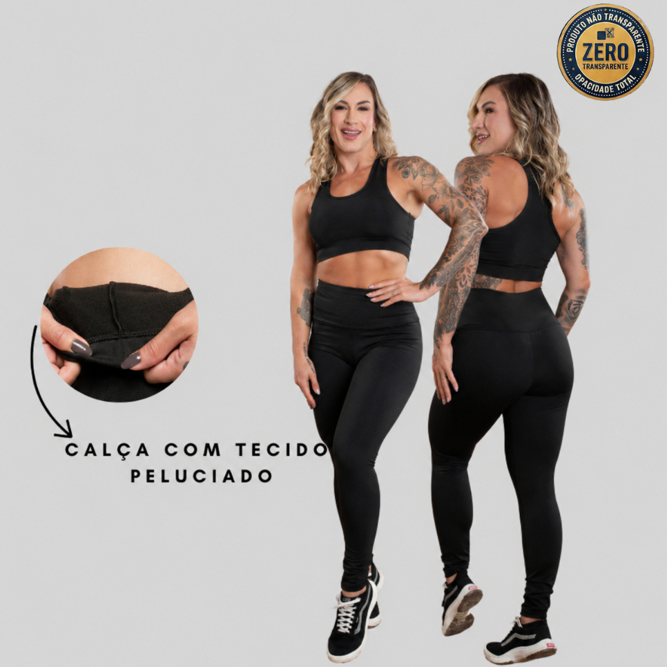 Conjunto Fitness Feminino Calça Peluciada Cintura Alta Térmica Flanelada E Top Nadador Liso Academia ZERO TRANSPARÊNCIA
