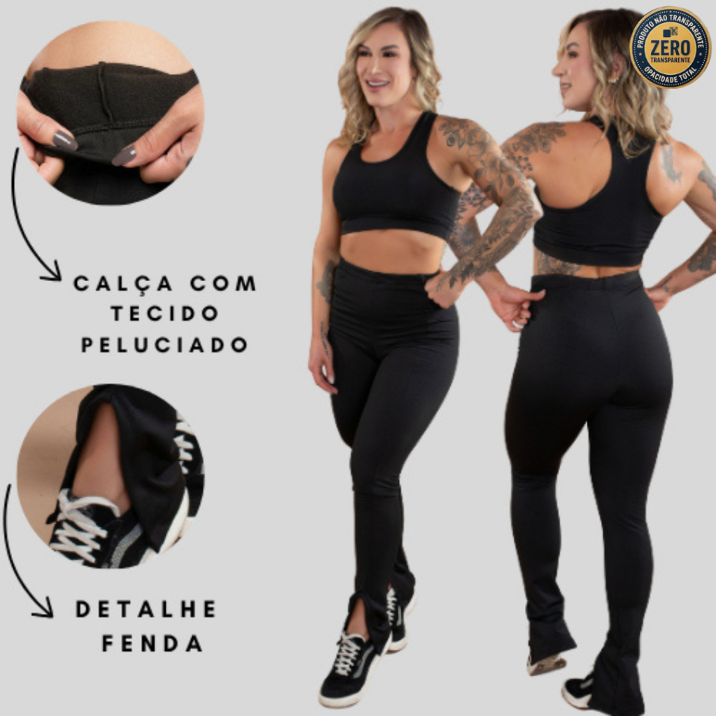 Conjunto Fitness Feminino Calça Térmica Cintura Alta Peluciada Flanelada E Top Liso Básico Academia ZERO TRANSPARÊNCIA