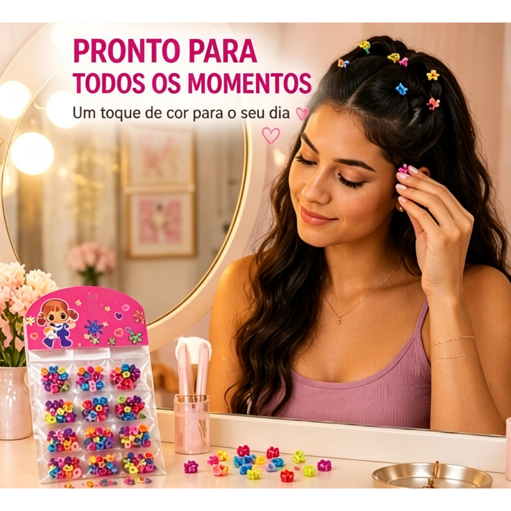 Kit 120 presilhas coloridas para cabelo acessório versátil para penteados embalagem prática