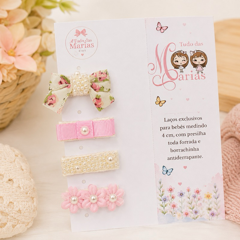 Presilhas para bebê kit com 4 mine presilhas com laços floral,flor com pérola e borboletaA