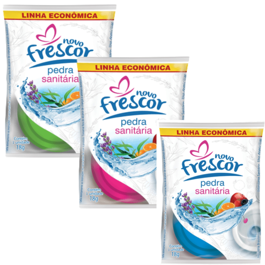 Pedra Sanitária Kit 3uni (3x18gr)Sortido Novo Frescor Perfume Duradouro e Economia Inteligente