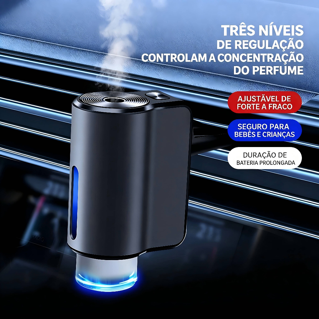 Aromatizante Inteligente para Carro - Automático, 3 Modos de Perfume, Luz Ambiental 3 Cores