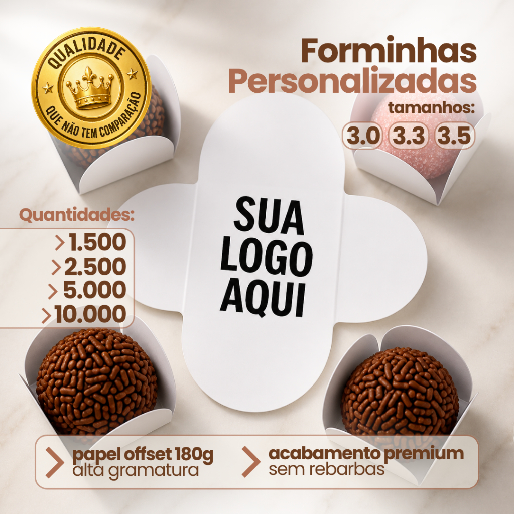 Forminha Personalizada 4 pétalas com Logo Branca Kraft Docinho Brigadeiro