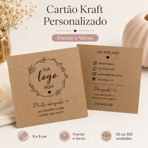 50 ou 100 Cartões Kraft Personalizados Frente e Verso 9x9cm