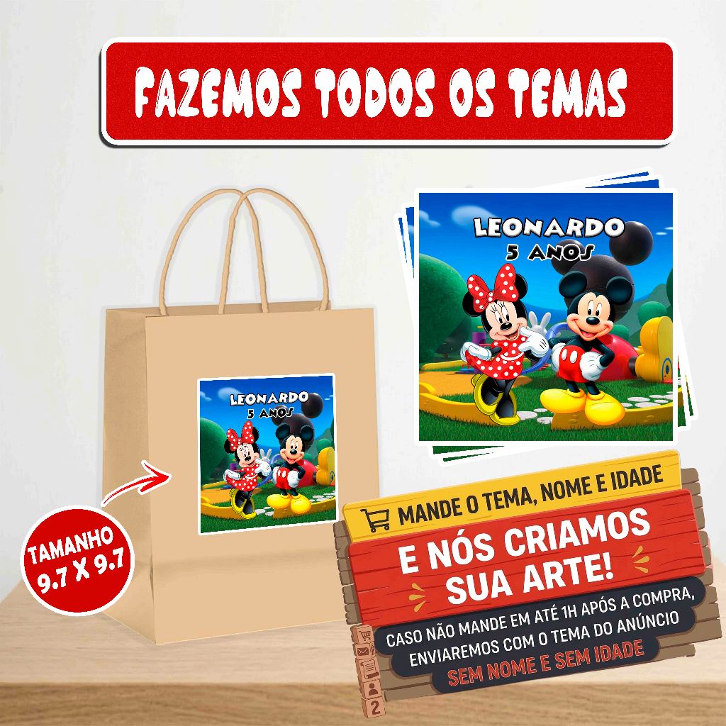 Rótulo Adesivo Personalizado Mickey e Minnie - Sacola Kraft/Plástica
