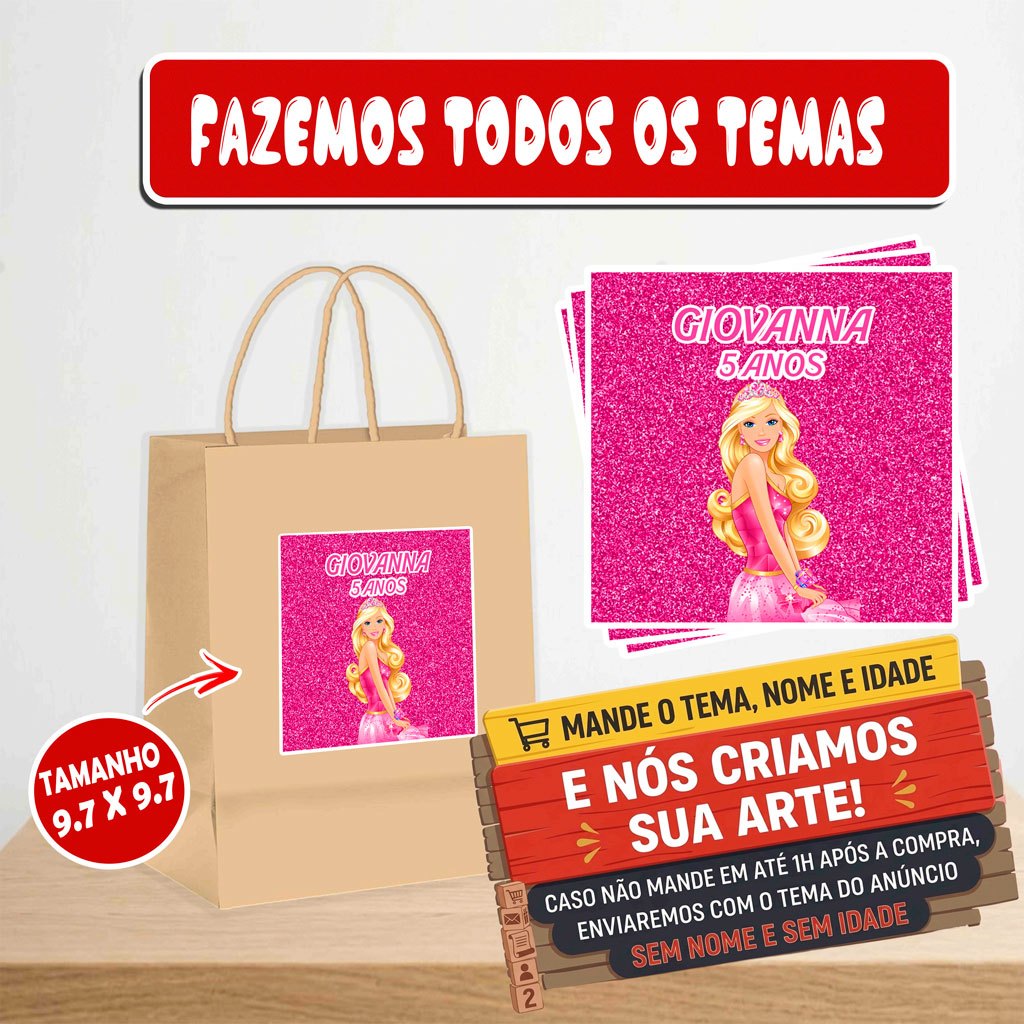 Rótulos Adesivos Barbie - Personalizado com Nome para Sacolas Kraft