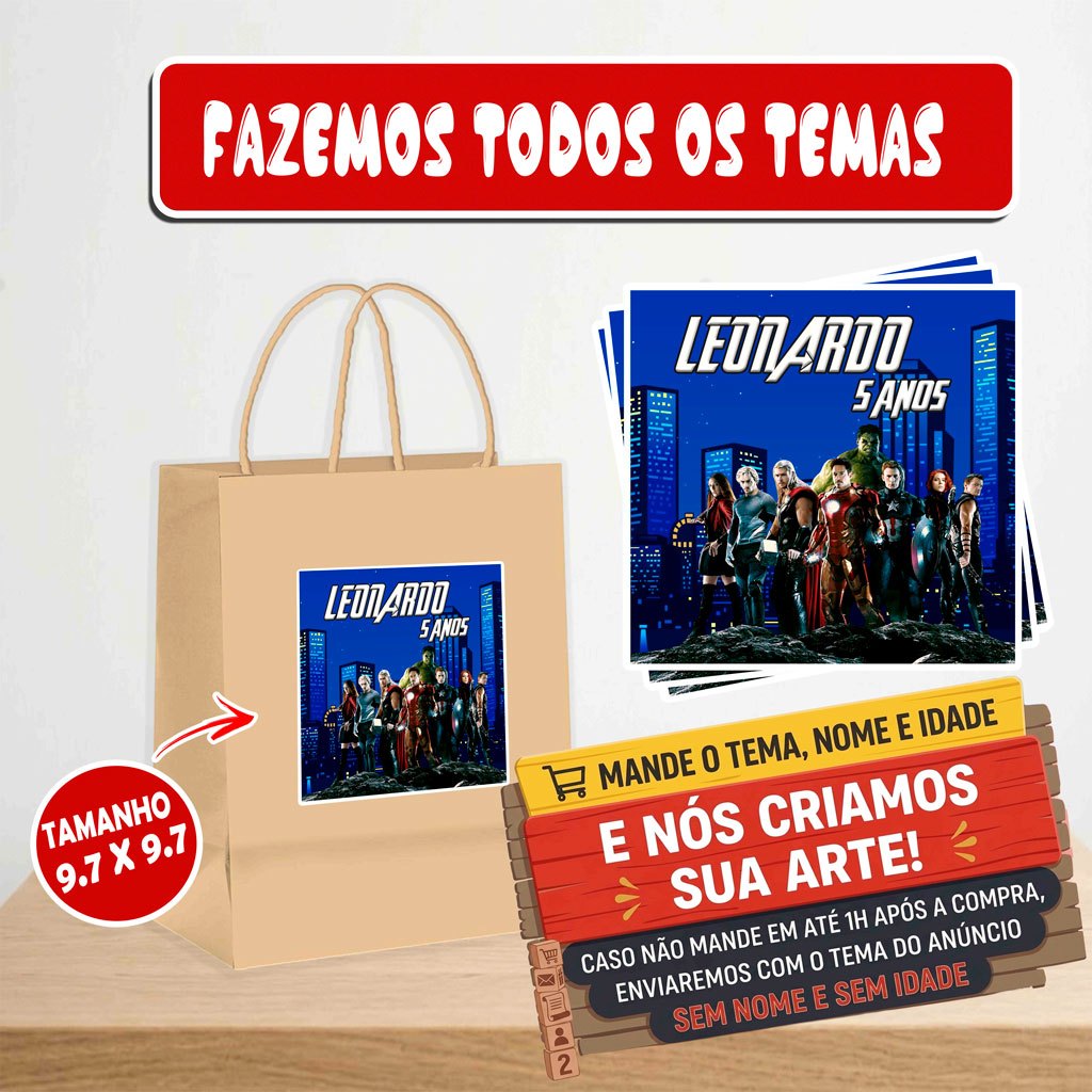 Rótulos Adesivos Vingadores - Personalizado com Nome para Sacolas Kraft