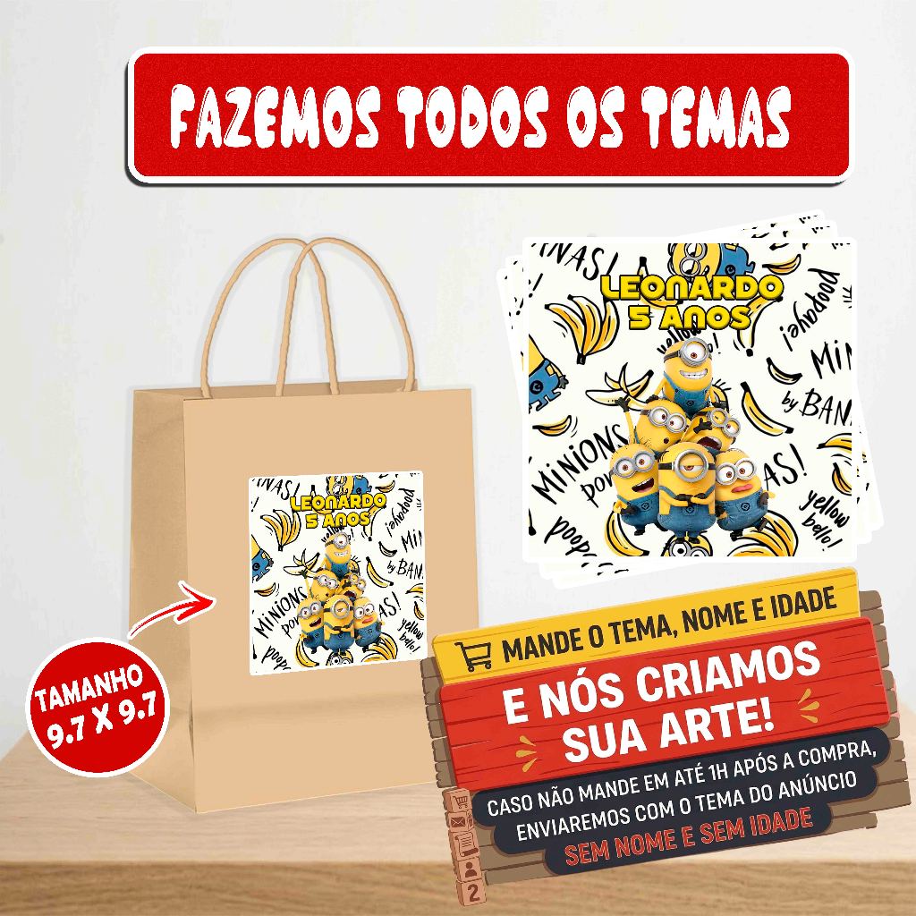 Rótulos Adesivos MINIONS - Personalizado com Nome para Sacolas Kraft