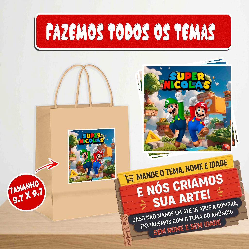 Rótulos Adesivos Super mario - Personalizado com Nome para Sacolas Kraft