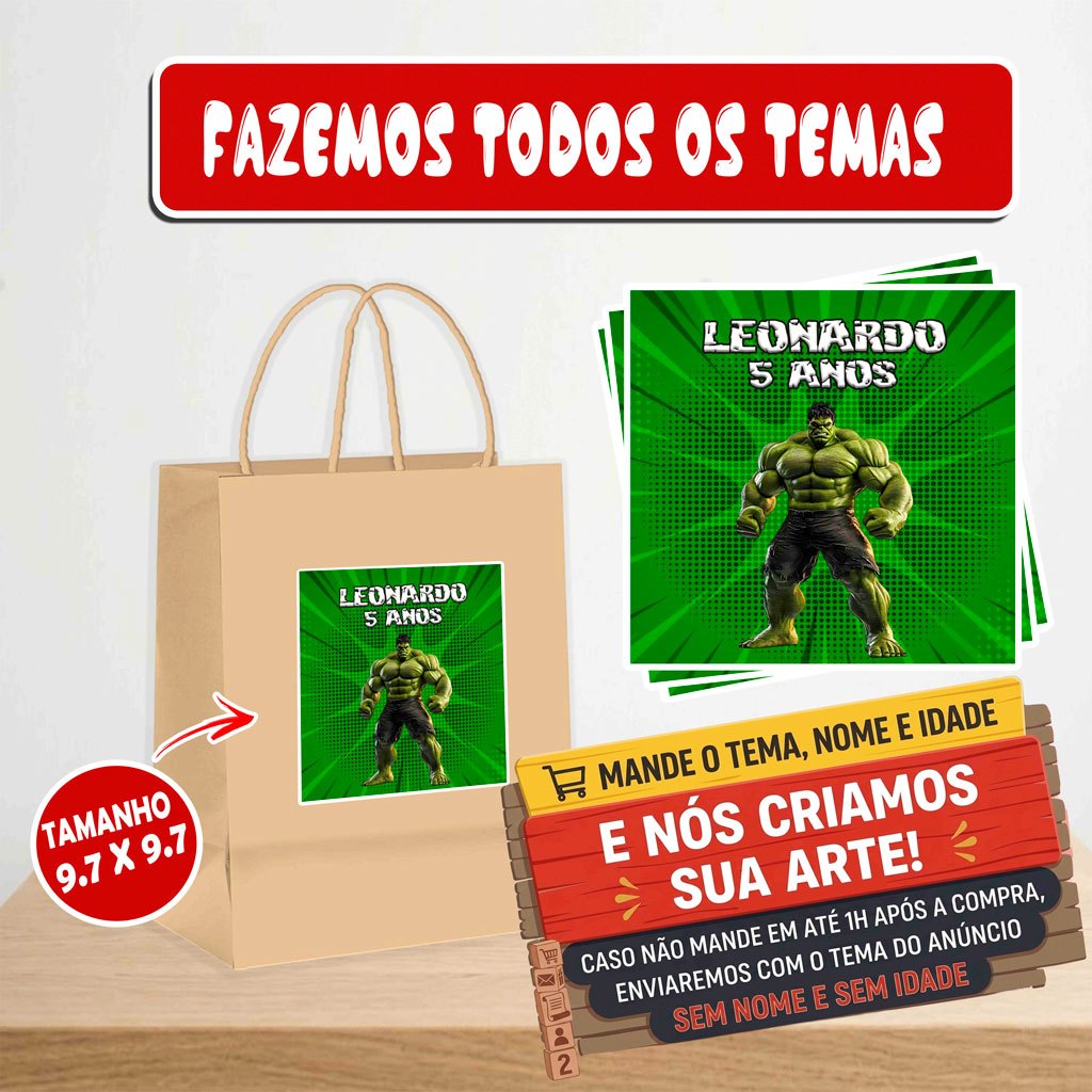 Rótulos Adesivos Hulk - Personalizado com Nome para Sacolas Kraft