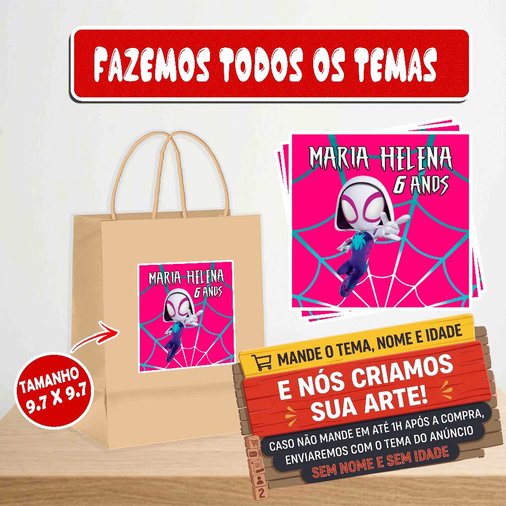 Rótulo Adesivo Personalizado Spider Gwen Aranha Fantasma - Sacola Kraft/Plástica