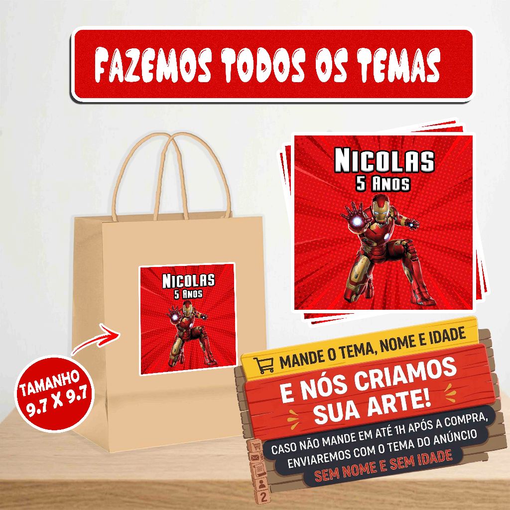 Rótulos Adesivos Homem de Ferro - Personalizado com Nome para Sacolas Kraft